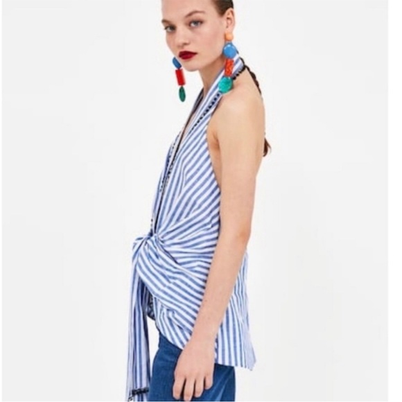 Zara Blue/White Striped Halter Wrap Top with Embroidery - Picture 8 of 9